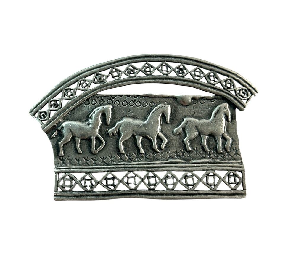 Vintage JJ Jonette Jewelry Pewter Three Horses Brooch Pin Openwork 2.5”